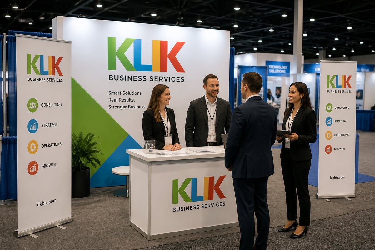 KLK Business Services trade show booth with staff members interacting with visitors at a professional conference or exhibition.